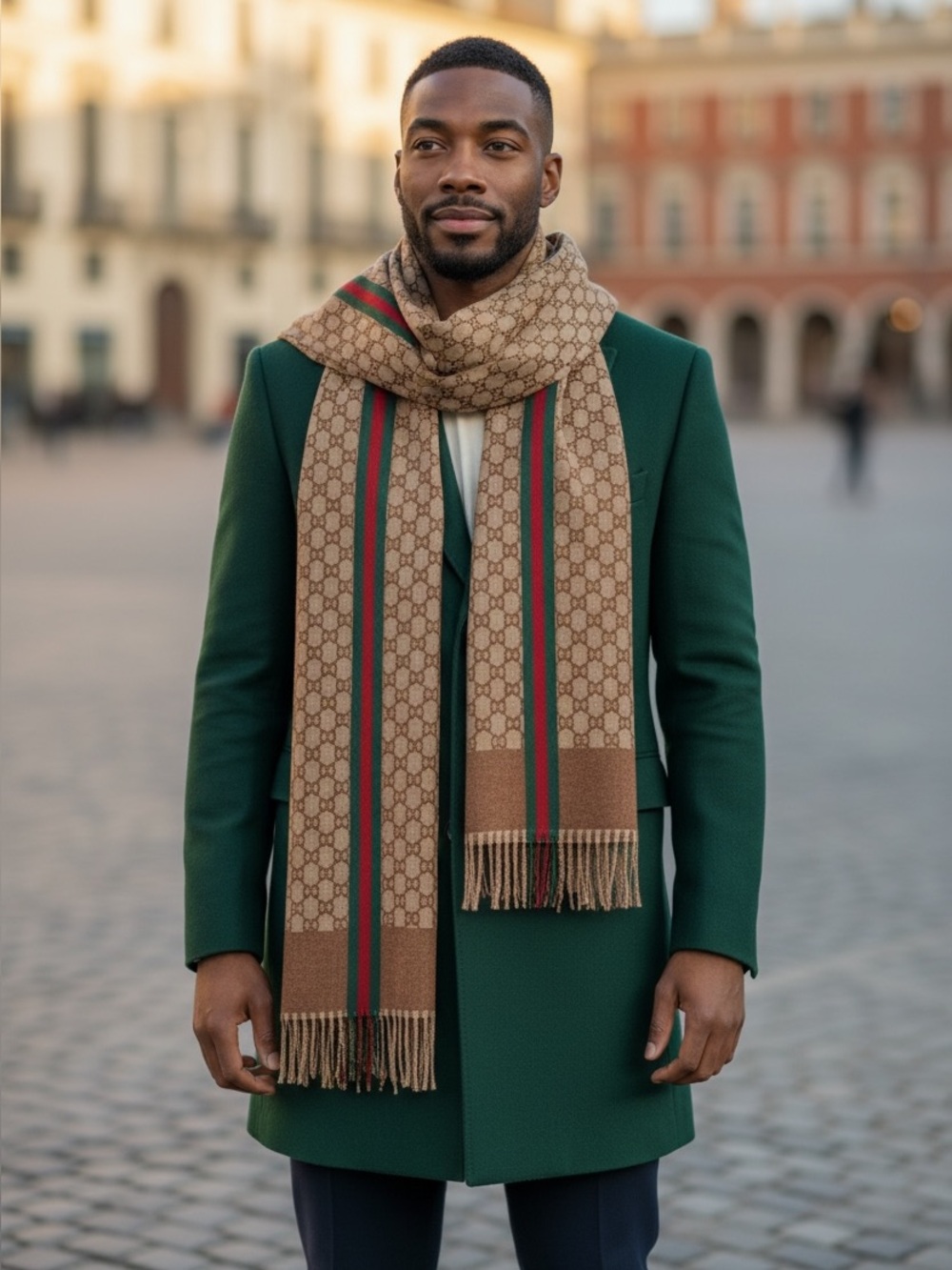 Tan and brown color Monogram scarf with Red and Green Stripe